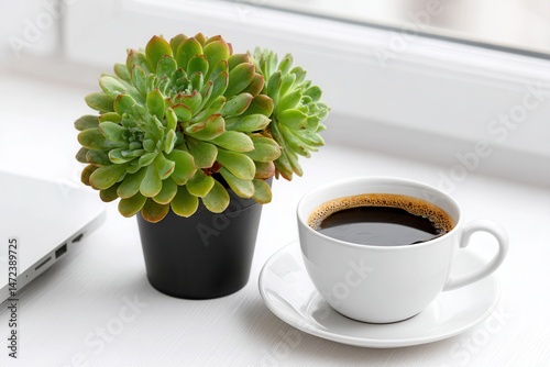 Succulent coffee cup on white desk