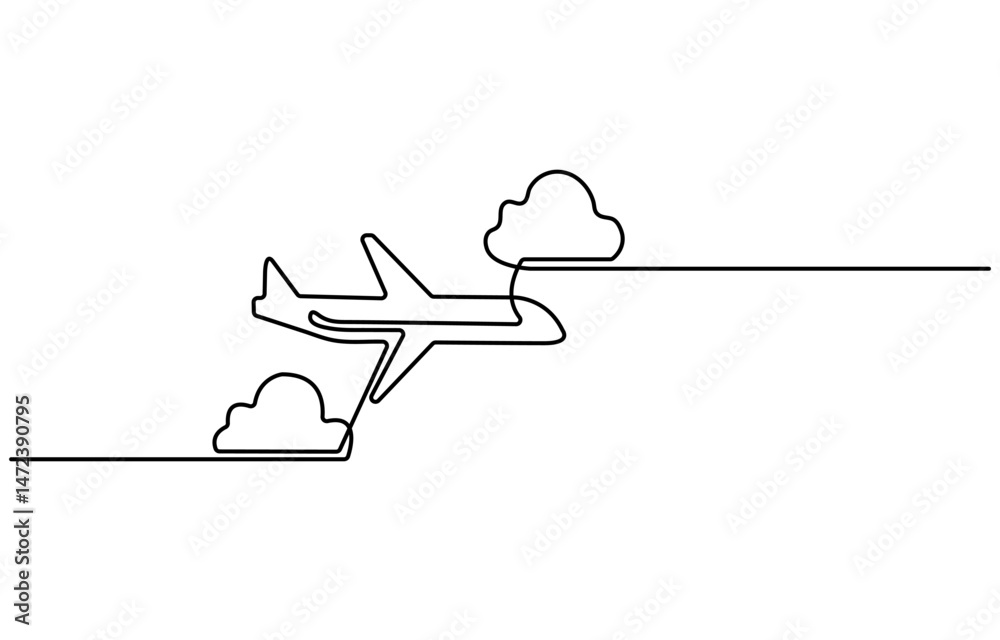 Obraz premium Airplane path in One Continuous line drawing. Business Concept of world travel and international flight airline with trace in simple linear style. Editable stroke. Doodle Vector illustration 