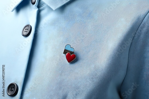 Blue shirt with a red and blue heart shaped pin.