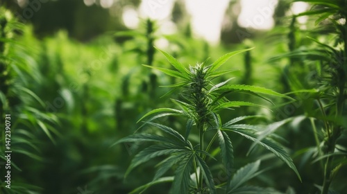 A vibrant green cannabis plant thrives amidst a lush field of its brethren, bathed in soft, natural light.  The detailed leaves and budding flowers showcase the plant's healthy growth. : Generative AI photo