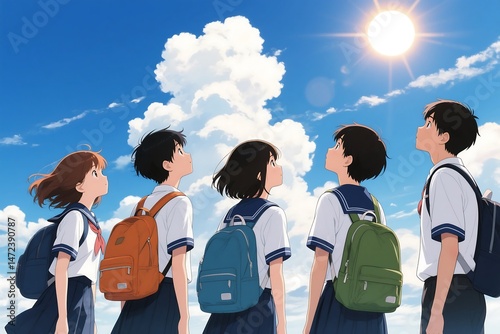 Anime-style students looking up at the sky with bright sun and fluffy clouds