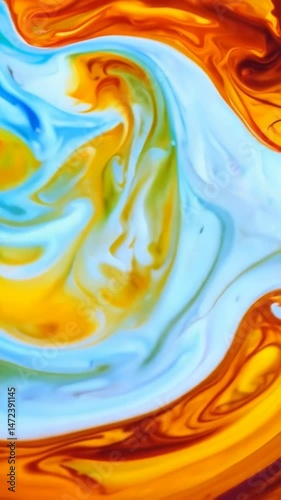 Abstract fluid art with swirling orange, blue, white and yellow paint. Colors blend from balanced to orange-dominated with marbled flowing effects.
