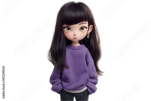 Adorable 3d render of a cute anime girl wearing a purple sweater and black pants posing against a art on transparent background