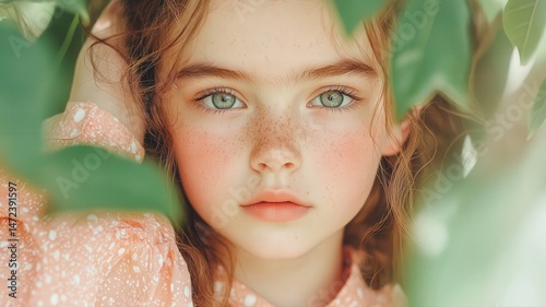 Portrait of a Freckled Girl with Green Eyes Framed by Green Leaves