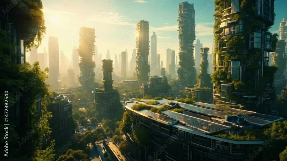 City view with tall buildings and green plants. Smooth repeating motion for background video animation.