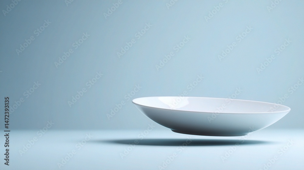 Floating White Ceramic Plate in Soft Focus Against Studio Background Floating White Ceramic Plate in Soft Focus Against Studio Background