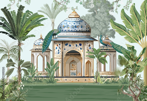 Traditional Mughal Garden illustration, Mughla palace, Wall Mural, Wallpaper, Moroccan.