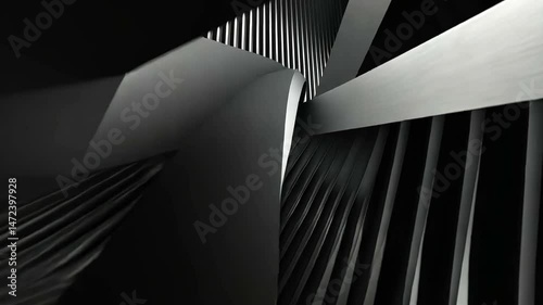 Dark, abstract metallic structure with parallel straight and curving fins, creating dynamic shadows and highlights