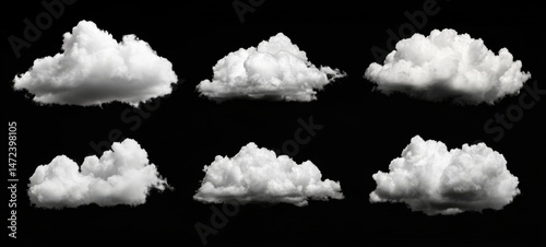 Six individual cumulus clouds, isolated on a black background, perfect for compositing or design projects. High-resolution images ideal for graphic design and digital art. : Generative AI