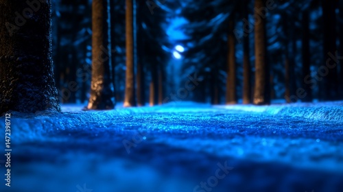 Mysterious Forest Path Illuminated by Faint Light during a Cold Winter