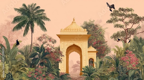 Wallpaper Mural Tropical jungle wallpaper with Mughal arch and birds Peacock and plant illustration for botanicalthemed decor and background design Torontodigital.ca