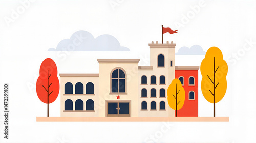 Flat vector of school building with autumn trees and flag	