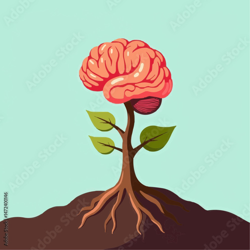 Brain-shaped tree growing with roots on a light background,  ideal for educational foundations, therapy, or psychology posters  