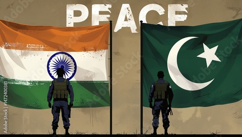 A powerful digital illustration showing Indian and Pakistani soldiers facing each other under their national flags, symbolizing a call for peace, unity, and diplomacy between the two nations.

