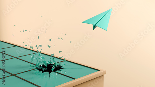 Paper Plane Shattering Glass Ceiling - Symbol of Freedom, Innovation, and Breaking Barriers, 3D Render