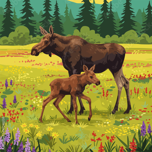 Moose and Calf Walking in Meadow with Forest Background Illustration
