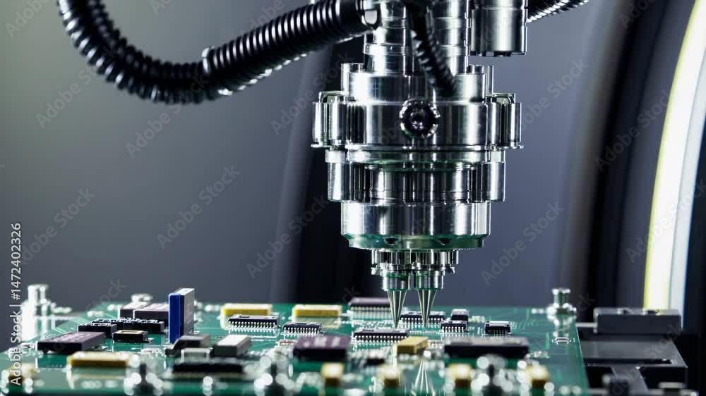 Automated robotic arm assembling electronic components on a printed circuit board in a modern factory