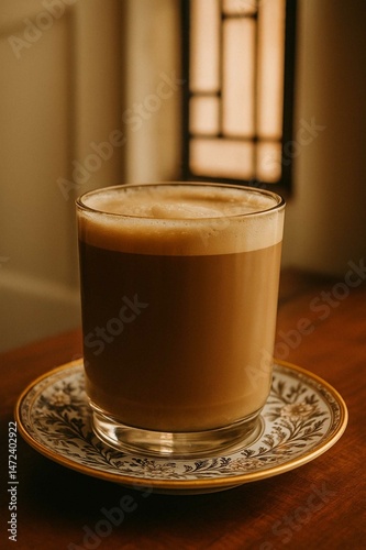 A warm latte served in a clear glass, placed on an elegant floral-patterned saucer, with soft lighting that creates a cozy and serene atmosphere.