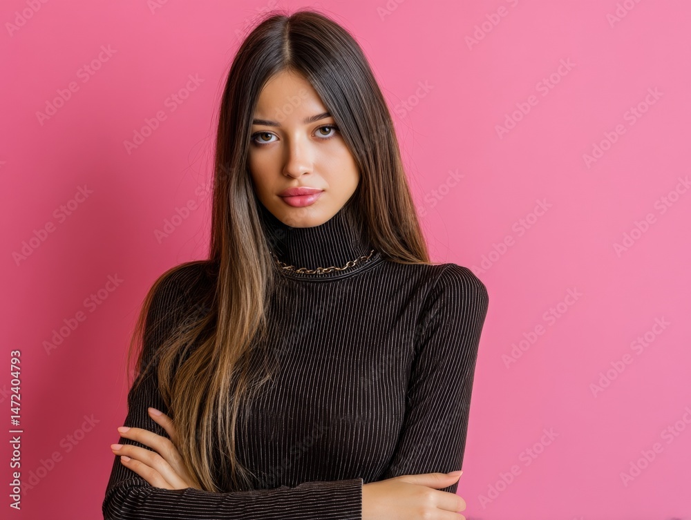 Fototapeta premium Young woman with long brunette hair and crossed arms wears a ribbed dark turtleneck with a subtle chain necklace, posing confidently with a neutral expression