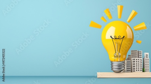 Bright Yellow Lightbulb Idea Above Miniature Cityscape