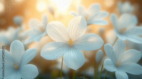 White flowers bloom gracefully in soft light, creating a serene natural scene