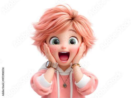 Adorable surprised cartoon girl with pink hair in a pink hoodie excited expression happy childish 3d on transparent background fun