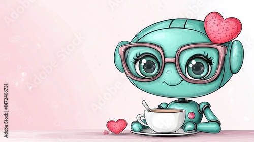 Charming Teal Robot with Pink Glasses Enjoys a Warm Drink on Pink Background