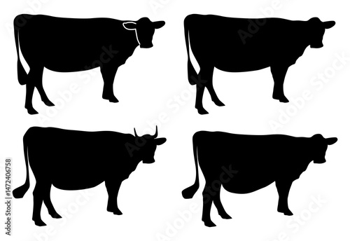 Vector silhouettes of beef cattle, cow in side view collection, agricultural farming icon set, isolated.