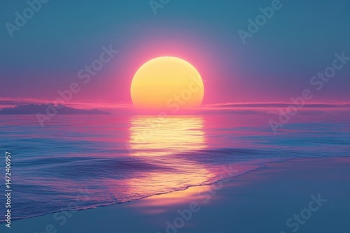 Vibrant sunset over calm ocean waves, reflecting a large, golden sun in the tranquil water, creating a serene and colorful scene. : Generative AI