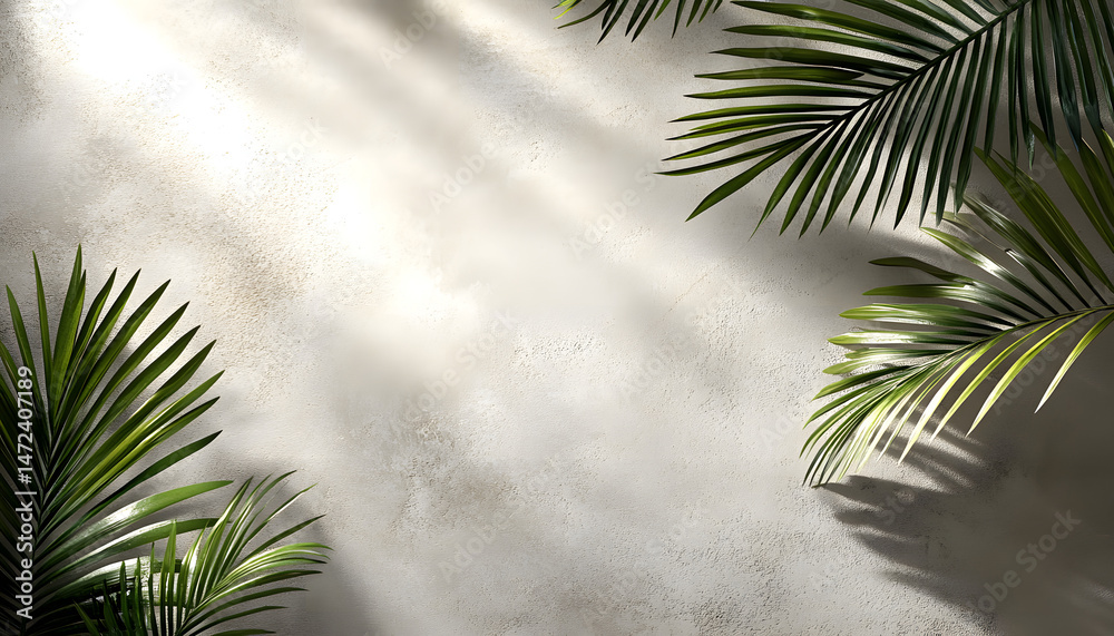 Obraz premium soft shadows of tropical palm leaves on textured concrete background neutral beige colored summer travel vacation spa concept minimal style nature banner summertime aesthetic backdrop copyspace