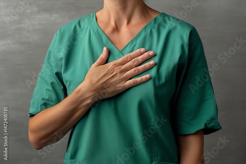 A healthcare worker in a teal scrub solemnly places their hand on their heart, demonstrating commitment and care.