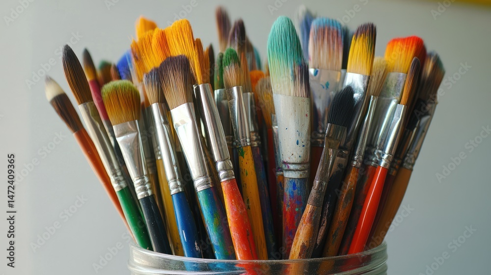 Fototapeta premium A Colorful Collection of Paintbrushes in a Jar