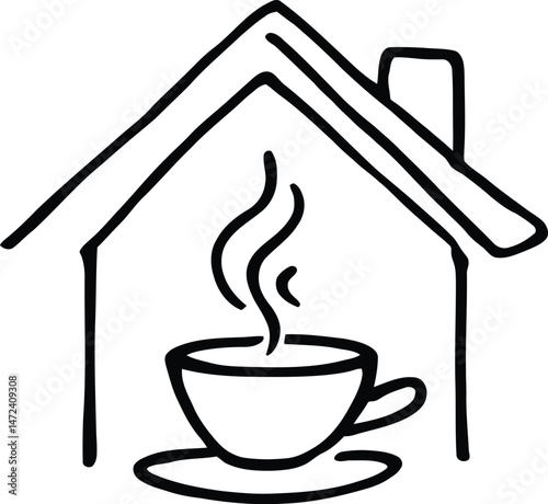 Cozy Home with Warm Beverage Silhouette Featuring a Simple House Outline Enclosing a Steaming Cup of Coffee or Tea, Symbolizing Comfort, Relaxation, and the Pleasure of Enjoying a Hot Drink at Home