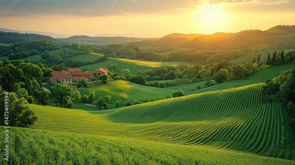 Fototapeta premium Picturesque Tuscan countryside at sunset. Lush green hills, terracotta-roofed buildings, and a vibrant golden sky