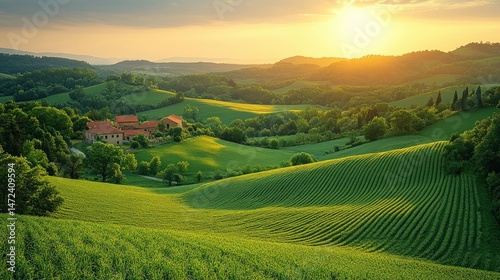 Picturesque Tuscan countryside at sunset. Lush green hills, terracotta-roofed buildings, and a vibrant golden sky