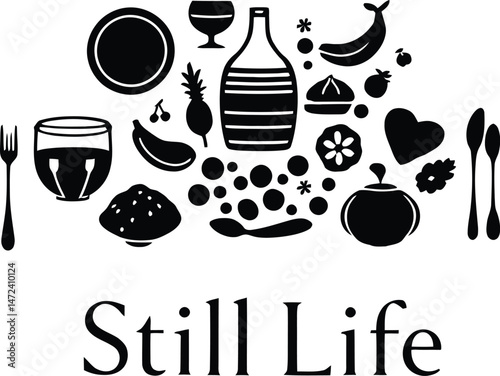Still Life Composition Silhouette Featuring a Collection of Classic Objects, Including a Bottle, Wine Glass, Various Fruits, Utensils, and a Cupcake, Enclosed in a Thematic Arrangement Representing 