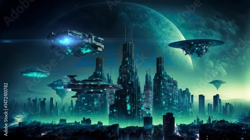 Alien Metropolis & UFO Fleet Animation: Sci-Fi Cityscape with Planet. Ideal for Space Opera, Game Worlds, Cyberpunk Futures. AI Generated. 4K Video