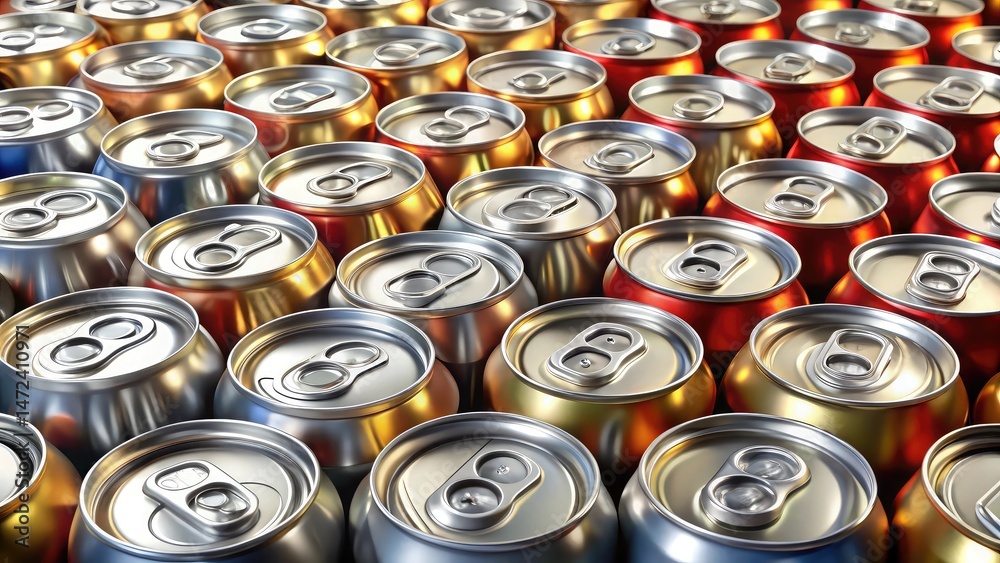 Close-up view of multiple beverage cans with varying metallic colors creating a pattern. Close-up view of multiple beverage cans with varying metallic colors creating a pattern.