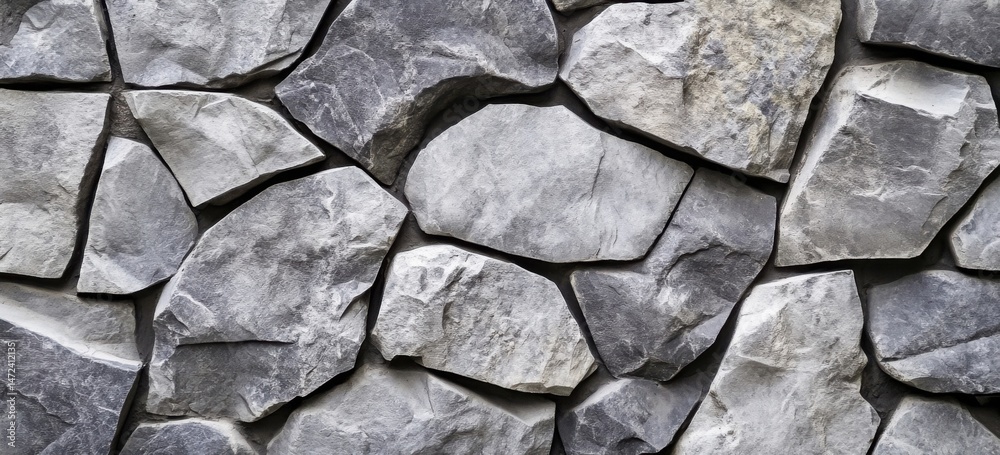 Obraz premium Irregular grey stone wall texture, close up view of rough, natural rock surface, ideal for construction, architecture, and design projects. : Generative AI