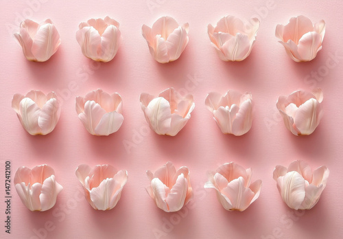A delicate arrangement of fifteen pale pink tulips, meticulously arranged in a grid pattern on a soft pink background, creating a serene and elegant floral display. : Generative AI