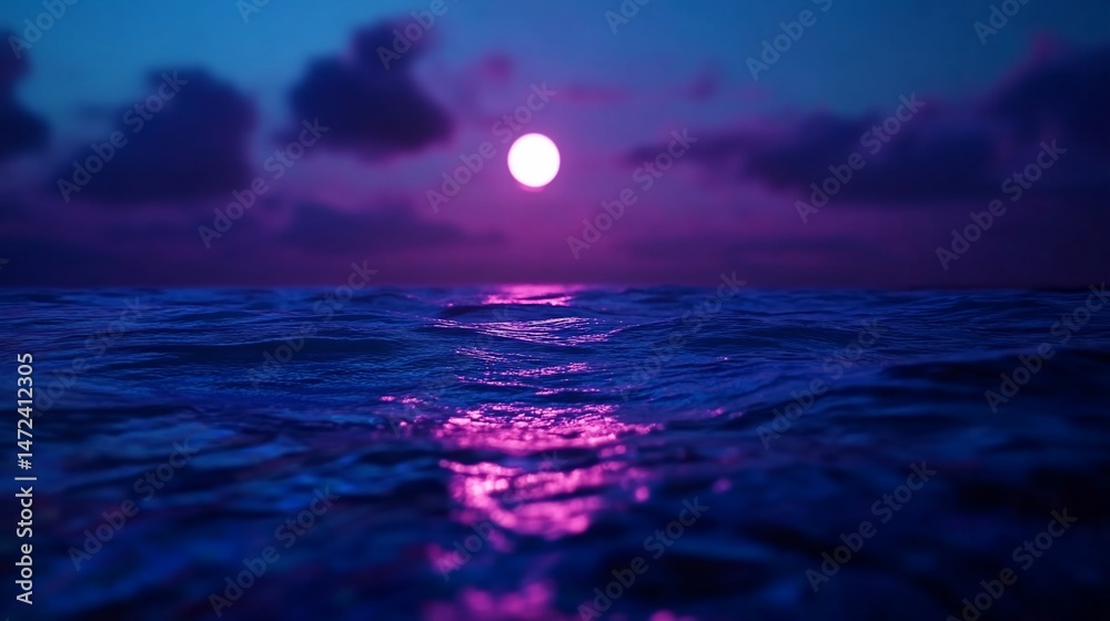 Serene nightscape capturing a tranquil ocean at dusk with a vibrant moon and clouds Serene nightscape capturing a tranquil ocean at dusk with a vibrant moon and clouds
