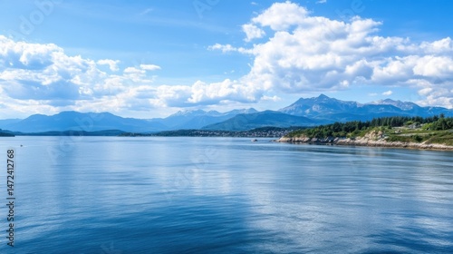 Serene coastal view of a fjord with mountains under a bright summer sky, featuring calm blue water and a small town nestled along the shoreline. : Generative AI