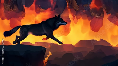 Majestic Wolf Journeying Through Fiery Terrain - Captivating Animated Cinematic Background