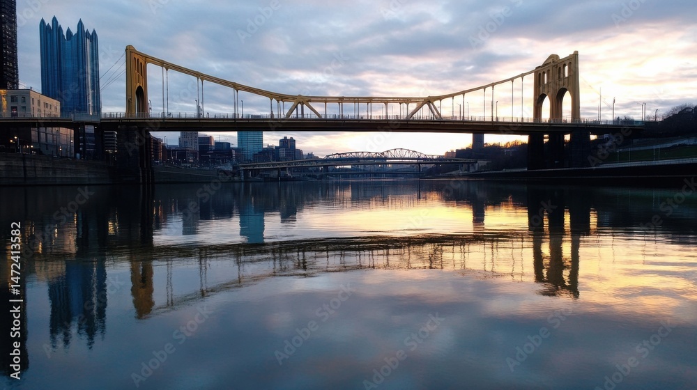 Obraz premium Golden hour reflection of the iconic yellow bridge spanning the Allegheny River in Pittsburgh, Pennsylvania, with city skyline and tranquil water. : Generative AI