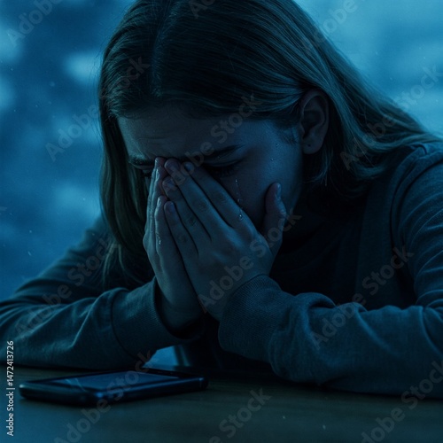 crying and suffering victim girl in front of her cell phone because of the internet crime or scam or bullying or cyberstalking
