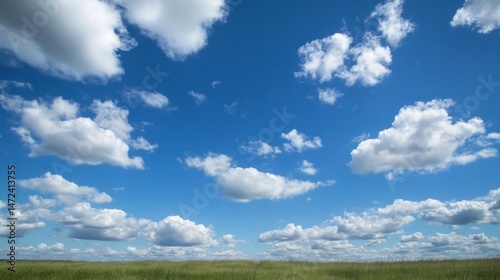 Serene summer landscape featuring a vast, green meadow stretching to the horizon under a brilliant blue sky dotted with fluffy cumulus clouds. : Generative AI