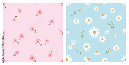 Seamless pattern with daisies and pink flower on pink and blue backgrounds vector. Cute floral print.