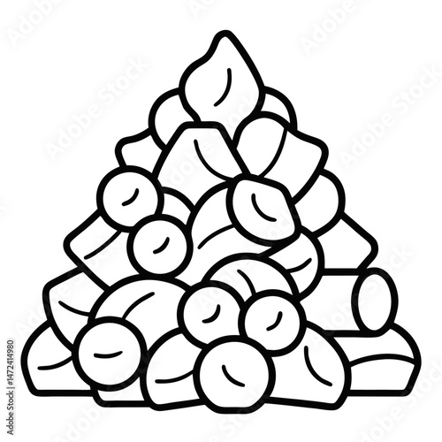 Woodpile Outline for Nature and Outdoor-Themed Coloring Book Page Featuring Firewood and Rustic Elements