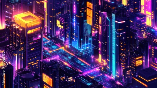 Futuristic city skyline, vibrant neon lights