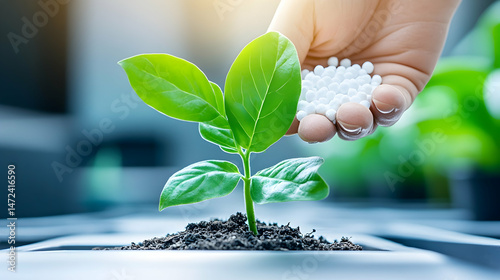 Hand fertilizing a young plant with white granules in a pot